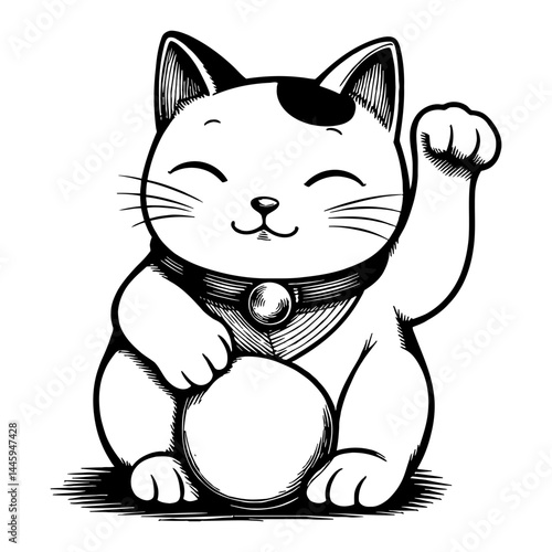 Maneki Neko beckoning with raised paw and closed eyes symbol of good luck fortune Black and White Outline Line Art Drawing