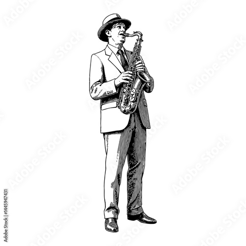 Man in Suit Playing Saxophone Standing Black and White Outline Line Art Drawing Illustration