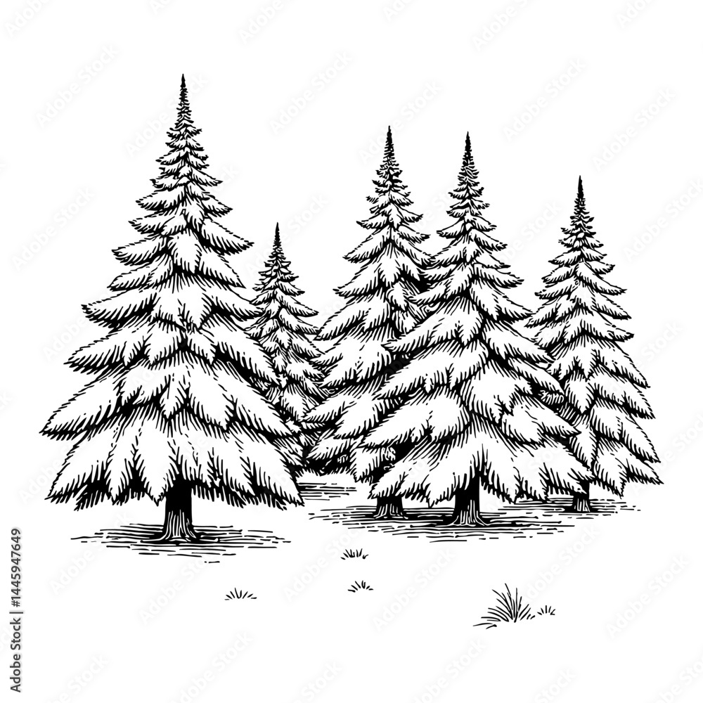 Obraz premium Group of Snow Covered Fir Trees Black and White Outline Line Art Drawing Vintage Engraving Style