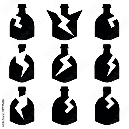 Minimalist Broken Bottle Icon Set for Fragile Glass Warning Labels