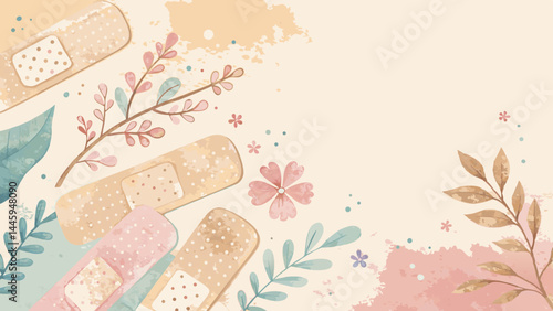 Watercolor Band-Aid Background in Subtle Beige and Pastel Tones, Symbolizing Healing and Care with Copy Space* 