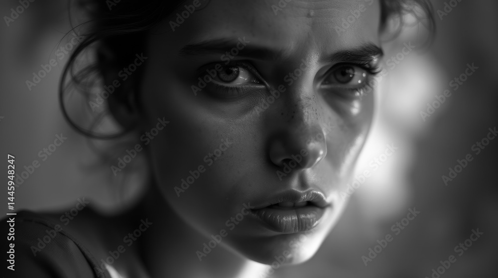 A black-and-white image where light and shadows reveal the beauty of femininity and intrigue of the gaze A black-and-white image where light and shadows reveal the beauty of femininity and intrigue of the gaze