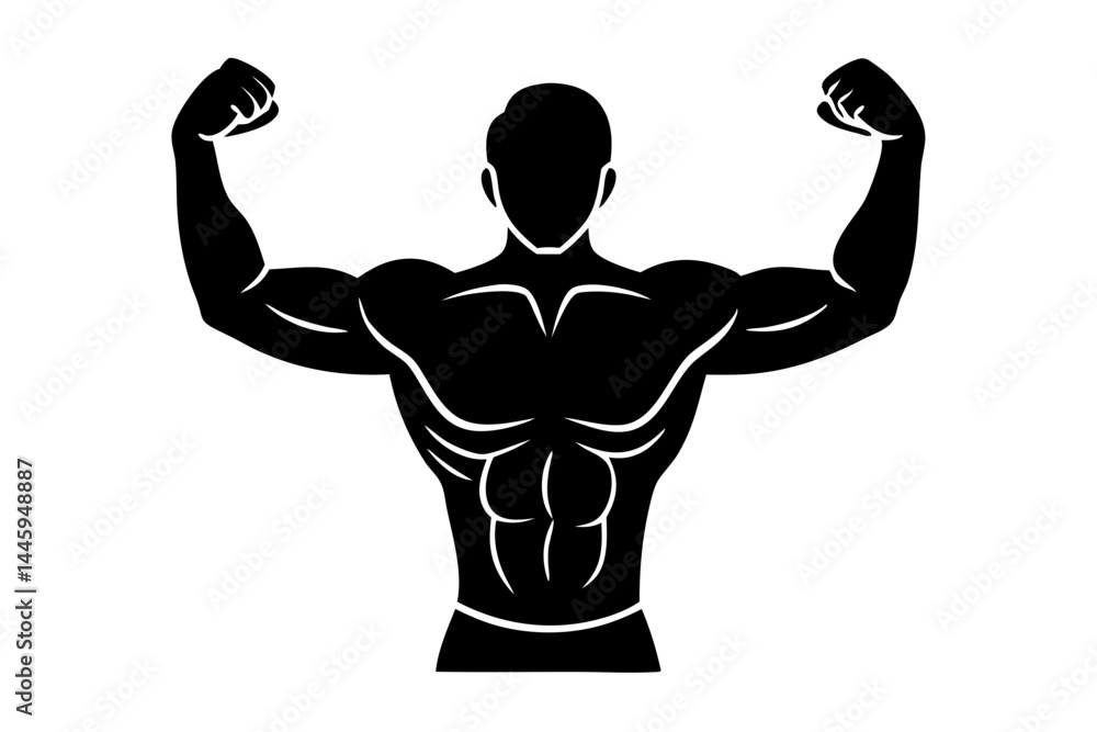 Fototapeta premium Black silhouette design of a male boxer flexing muscles on white background, boxer, flexing, muscles, pose, male, sport, strong, athlete, fitness, bodybuilder, strength, training, exercise, champion
