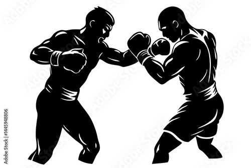 Powerful boxing match silhouette two boxers clashing with one delivering a punch, boxer, boxing, fight, fighting, punch, silhouette, sport, athlete, competition, training, exercise, vector