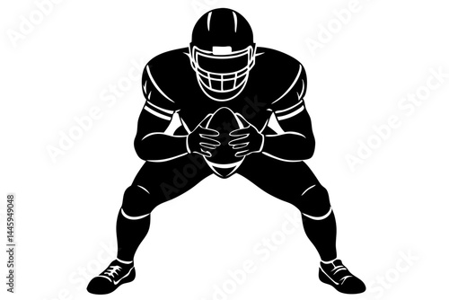 Silhouette of a football player in pre snap stance on white, silhouette, football, player, athlete, stance, pre snap, poised, sport, american football, vector, illustration, design, graphic, outline