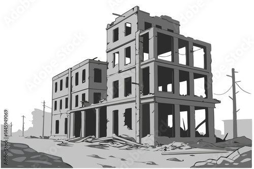 66 Destroyed building, war-torn structure, crumbling concrete, exposed rebar, architectural ruins, post-apocalyptic scene, desolate landscape, urban decay, isolated on white background, high contrast,