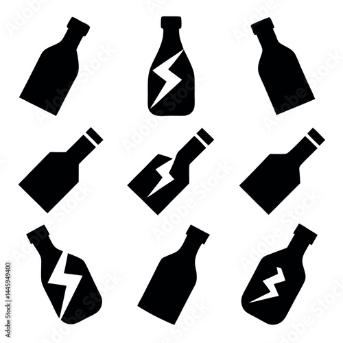 Minimalist Broken Bottle Icon Set for Fragile Glass Warning Labels