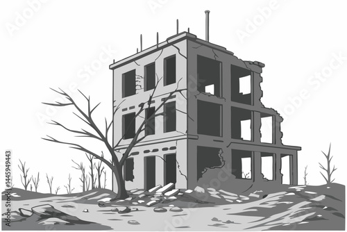 66 Destroyed building, war-torn structure, crumbling concrete, exposed rebar, architectural ruins, post-apocalyptic scene, desolate landscape, urban decay, isolated on white background, high contrast,