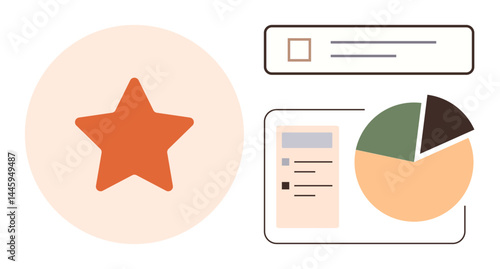 Orange star alongside pie chart and checklist representing performance, ranking, monitoring, and decision-making. Ideal for project planning, review, analytics, education, tracking research simple