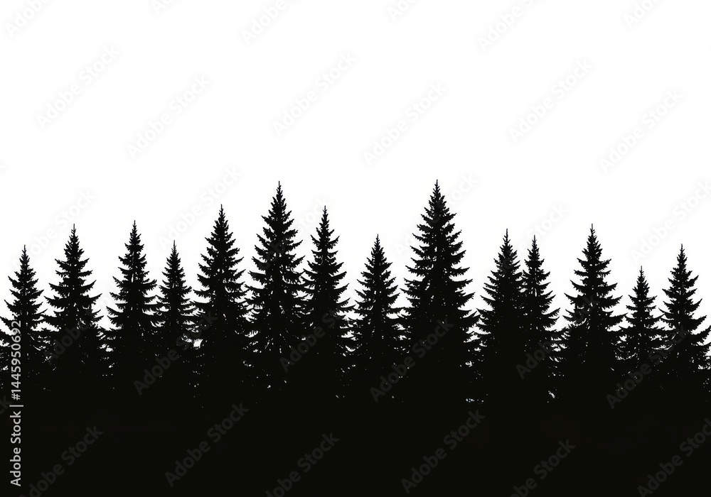 Fototapeta premium Line of Tall Evergreen Trees - Silhouetted evergreens against a white background. Symbolizing nature, peace, growth, strength, and winter