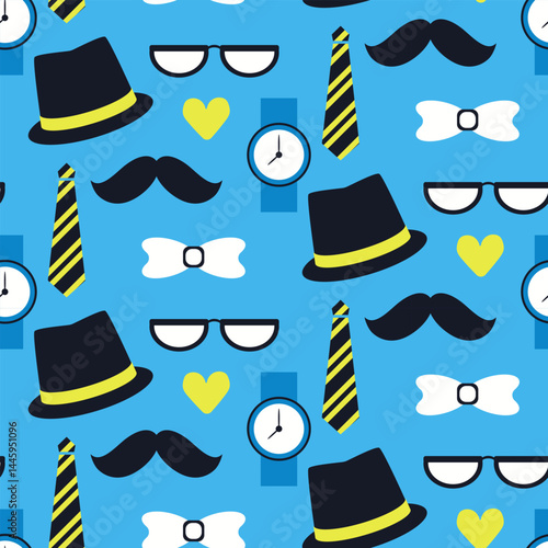 Seamless pattern with hats, ties, mustaches and watches on a bright blue background. Celebration of fatherhood, masculinity and gentleman style in a fun graphic design