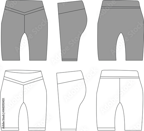 Women’s Biker Shorts Technical Drawing Template | Flat CAD Fashion Mockup Set Front Side Back View for Apparel Design Tech Pack