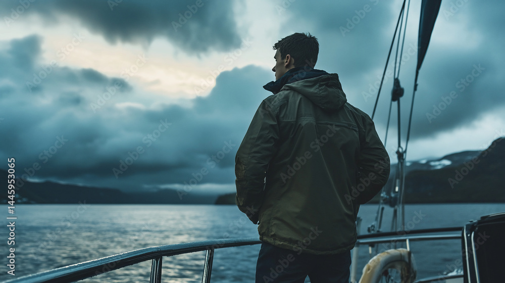 Obraz premium Man on boat, sea view