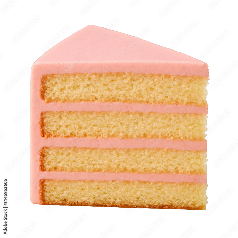 Fototapeta premium Multiple layers of golden sponge cake alternating with thick bands of sweet creamy pink frosting, a perfect slice.