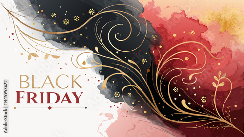  **Luxury Black Friday Watercolor Background – Swirling Blacks with Crimson & Gold Accents, Elegant Promotional Backdrop with Copy Space** 