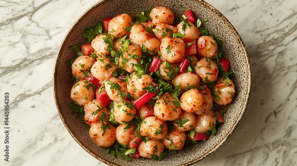 Scallop ceviche mix served in a round bowl Scallop ceviche mix served in a round bowl