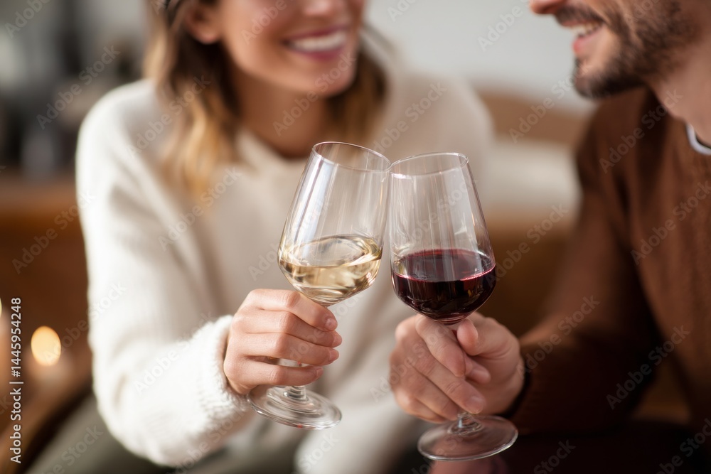 A smiling couple toasting with glasses of red and white wine in a close-up shot. A smiling couple toasting with glasses of red and white wine in a close-up shot.