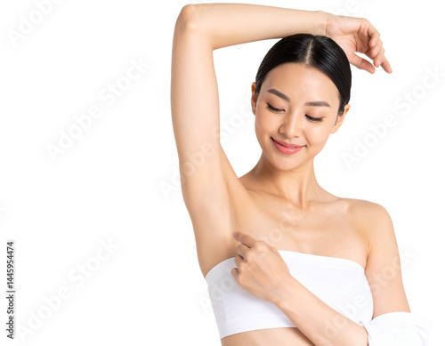 Armpit epilation, lacer hair removal. Young asian woman holding her arms up and showing clean underarms, depilation smooth clear skin .Beauty cosmetology portrait, PNG Generated Image
