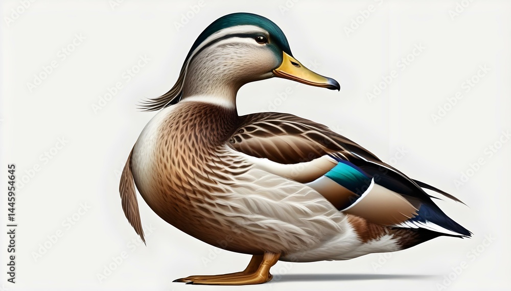 A striking portrait of a mallard duck with vibrant plumage against a clean, bright backdrop. A striking portrait of a mallard duck with vibrant plumage against a clean, bright backdrop.