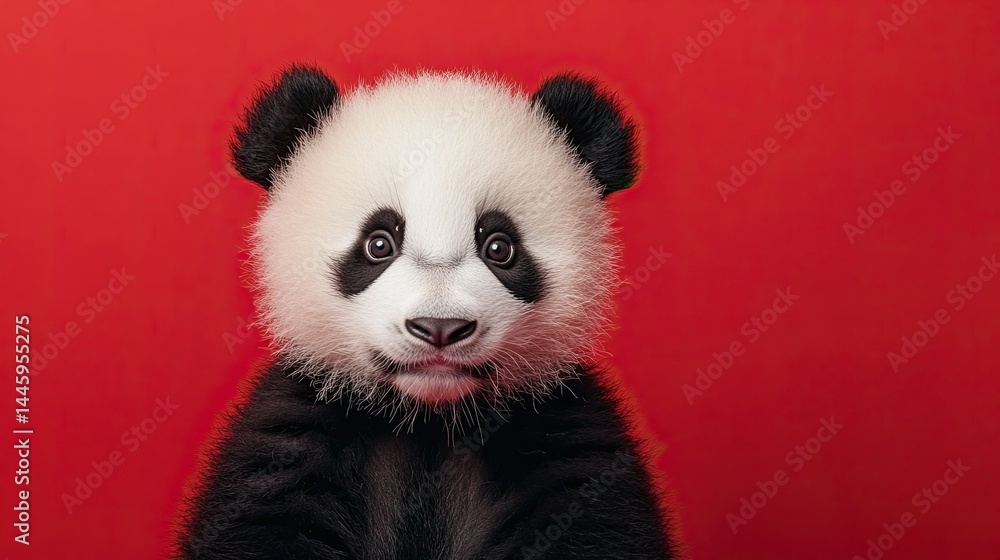 A cute panda cub sits against a vibrant red background, showcasing its fluffy fur and playful demeanor. A cute panda cub sits against a vibrant red background, showcasing its fluffy fur and playful demeanor.