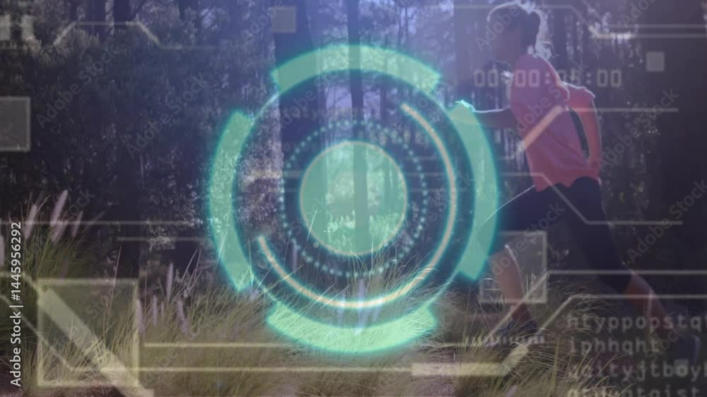 female athlete sprinting through forest trail, showcasing fitness technology HUD panels and code