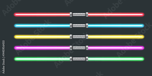 Red, blue, green, pink and yellow laser sword lightsaber set isolated on grey galaxy background. May the 4th be with vector illustration with neon glowing lighting sword. Star wars day poster