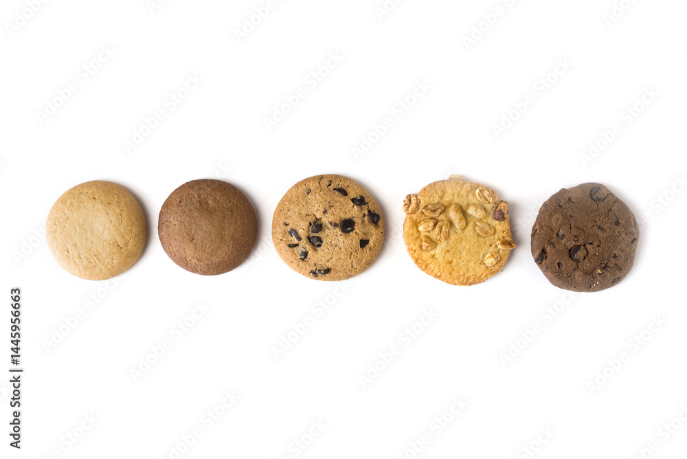 Set of different round cookies on white background with copy space, place for text.