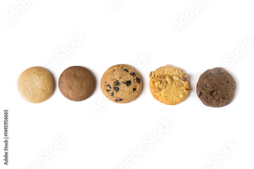 Obraz na płótnie Set of different round cookies on white background with copy space, place for text. w salonie