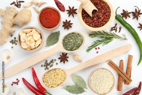 Wallpaper Mural Different aromatic spices on white background, flat lay Torontodigital.ca