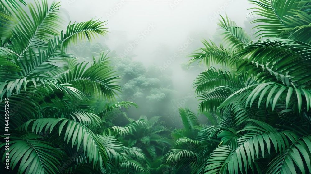 Obraz premium Lush green tropical jungle with dense palm leaves and misty atmosphere creating a vibrant and tranquil rainforest scene ideal for nature and travel themes