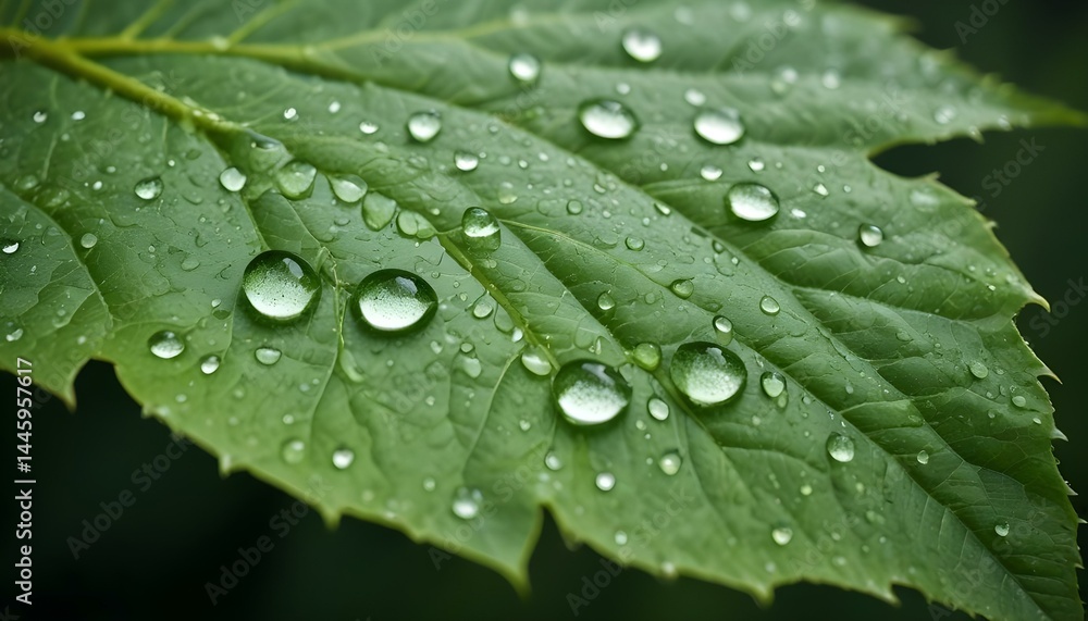 A close-up of a green leaf covered in water droplets, highlighting natural details. A close-up of a green leaf covered in water droplets, highlighting natural details.