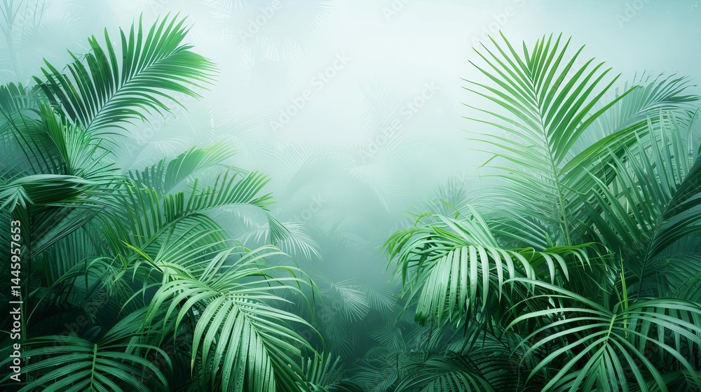 Lush tropical jungle with vibrant green palm leaves and misty background creating a serene natural environment perfect for nature and travel themes Lush tropical jungle with vibrant green palm leaves and misty background creating a serene natural environment perfect for nature and travel themes