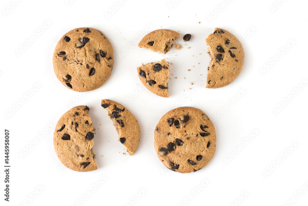 Different stages of eaten cookie isolated on white
