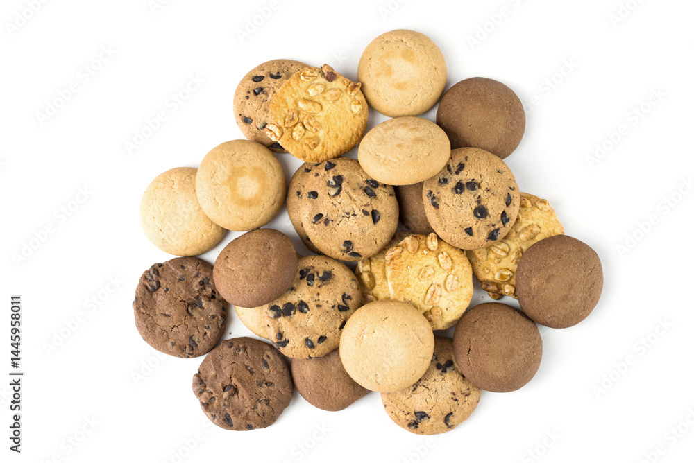 Set of different round cookies on white