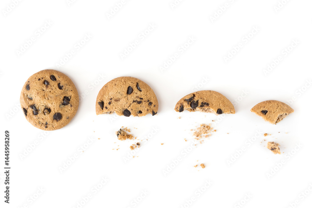 Different stages of eaten cookie isolated on white