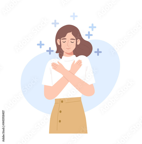 Young woman embracing her self with positive symbols. Concept of self-love, encouragement, support, confident, mental well-being, healthy, self-hugging. Flat vector illustration character.