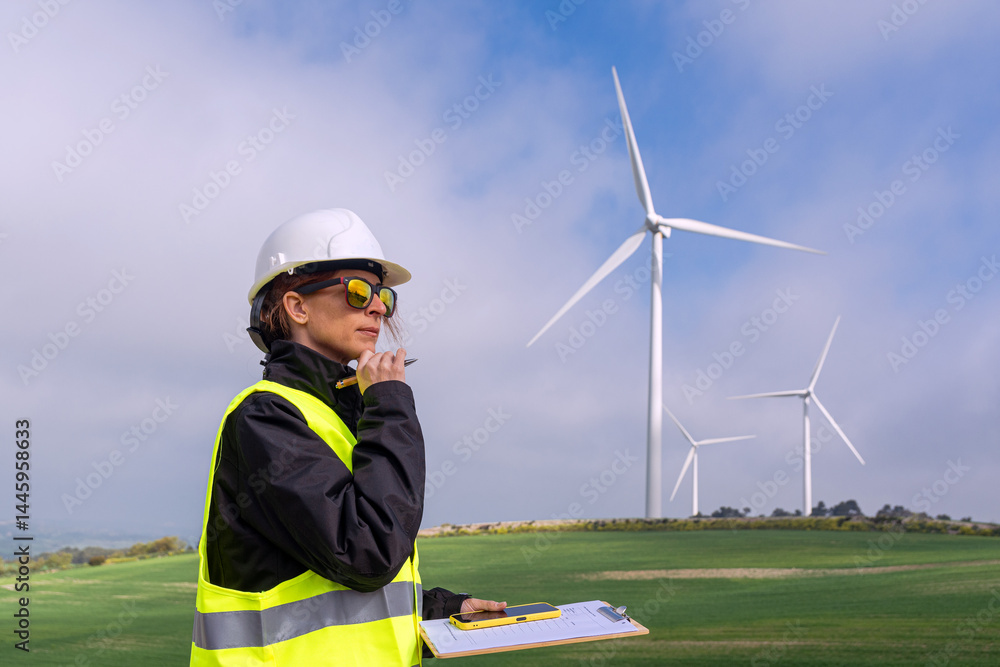 Female engineer inspecting wind turbines in green field Female engineer inspecting wind turbines in green field