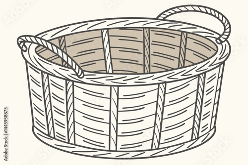 68 Woven wicker basket, cylindrical shape, light brown color, natural rattan material, empty container, traditional craft, rustic decor, simple design, textured surface, household storage, minimalist 