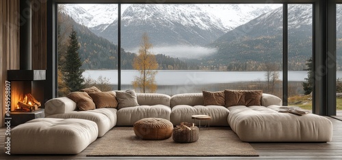 Serene Mountain Lake View from Cozy Living Room
