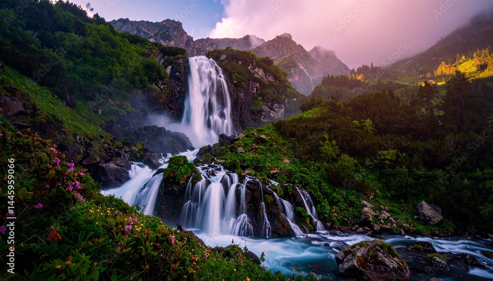 Fototapeta premium Un majestuoso paisaje montañoso captura la serena belleza de las cascadas que se desbordan por exuberantes laderas verdes. El agua centellea al caer sobre acantilados rocosos, rodeados de densa vegeta