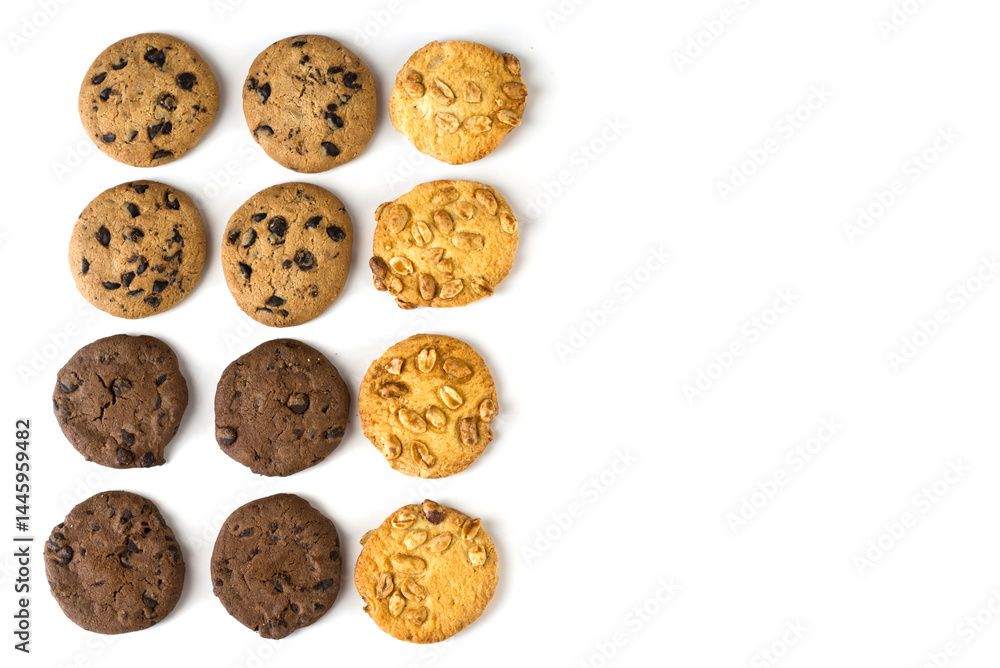 Set of different round cookies on white background with copy space, place for text.