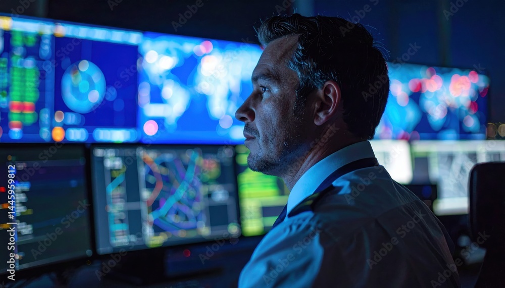 Command Center Watch: A dedicated professional, engrossed in his critical role, monitors numerous digital screens filled with vital data, capturing his focused attention and commitment. Command Center Watch: A dedicated professional, engrossed in his critical role, monitors numerous digital screens filled with vital data, capturing his focused attention and commitment.