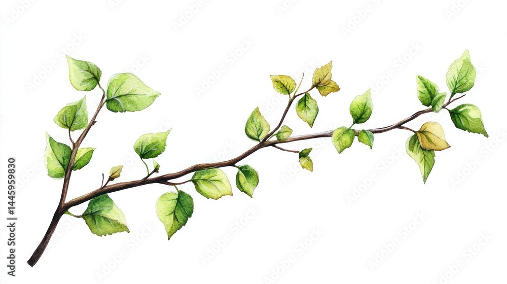 Obraz premium Watercolor painting of a birch branch with green leaves isolated on white background.