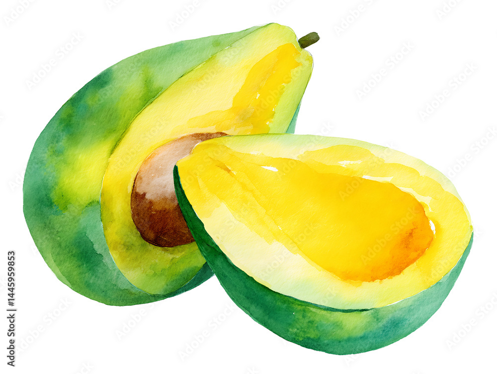 A watercolor painting of two avocados