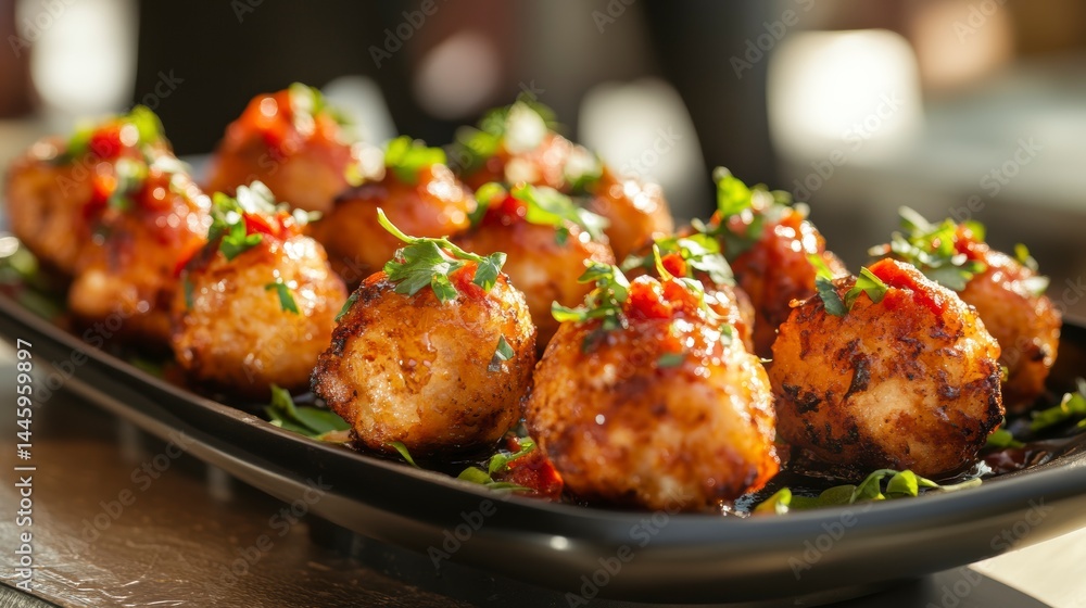 Close-up of appetizing, golden-brown fried risotto balls arranged on a black platter, garnished with fresh parsley and a vibrant tomato sauce. Close-up of appetizing, golden-brown fried risotto balls arranged on a black platter, garnished with fresh parsley and a vibrant tomato sauce.