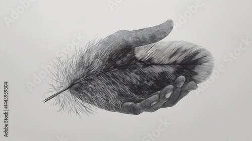 A hand gently holds a feather, a delicate grayscale depiction of connection and nature.