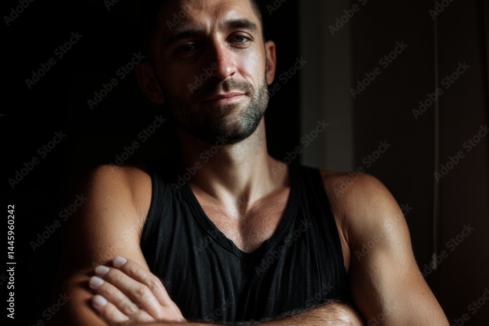 Fototapeta premium Portrait of a handsome man with a beard, gazing confidently at the camera with arms crossed.