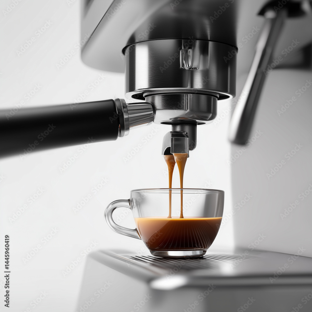 Espresso being poured from machine into a tiny cup against a clean white background Espresso being poured from machine into a tiny cup against a clean white background