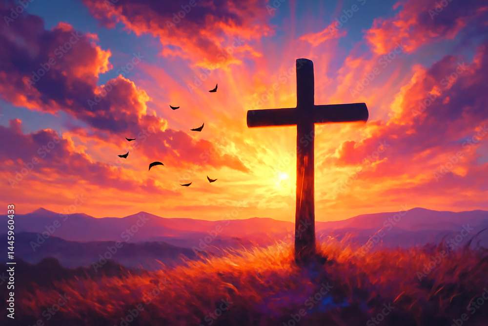 Fototapeta premium Christian Cross - Symbol of Christianity - Mourn or Funeral Background - Crucifixion of Jesus Christ