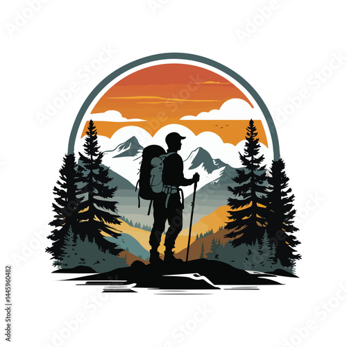 Silhouette of hiker, circular frame, mountain landscape, pine trees, orange sky, hiking stick vector style illustration